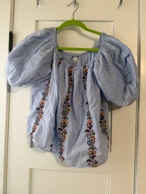 Blue Floral Embroidered AE Off the Shoulder Blouse